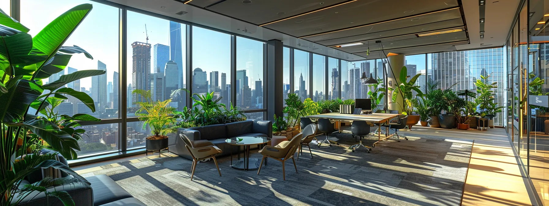 a captivating, modern virtual office space filled with sleek furniture, vibrant green plants, and large windows showcasing a bustling city skyline, symbolizing a transformative work experience.