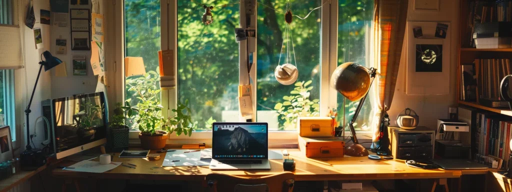 a cozy and inviting part-time desk workspace brimming with natural light, featuring a minimalist desk adorned with essential tools that inspire productivity and creativity for freelancers.