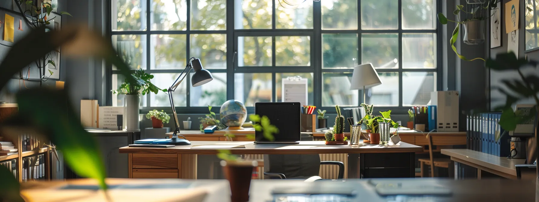 a modern private office within a vibrant coworking space, featuring sleek furnishings, large windows allowing natural light to flood in, and an atmosphere of collaboration and productivity.