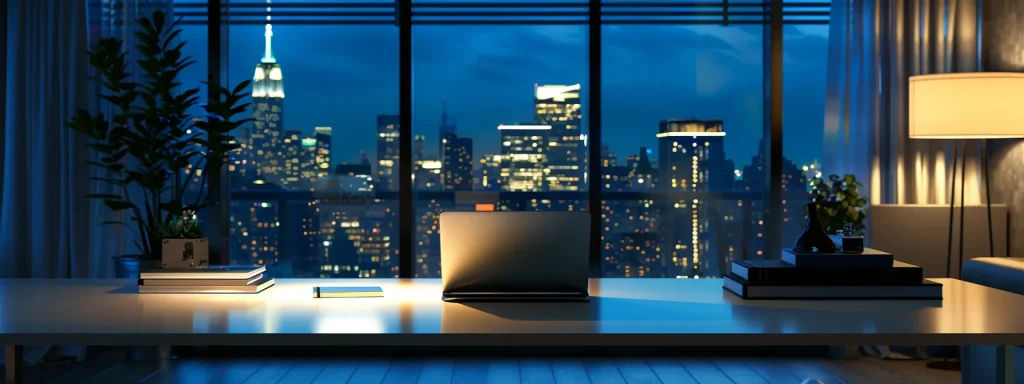 a sleek, modern office environment with a sophisticated virtual mailbox setup, showcasing a glowing laptop, elegant stationery, and a chic cityscape view through a large window, symbolizing the professionalism and efficiency of premium virtual address services.