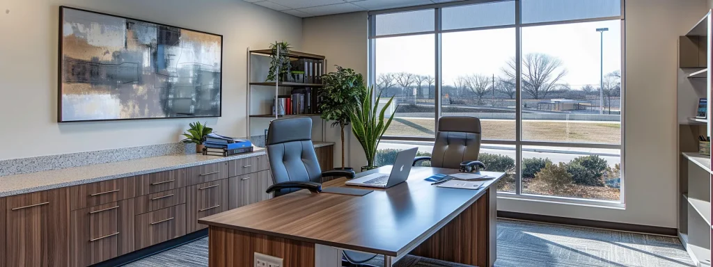 a sleek modern office space with a well-organized desk and a laptop, symbolizing the professionalism and flexibility of using a virtual address for small businesses.