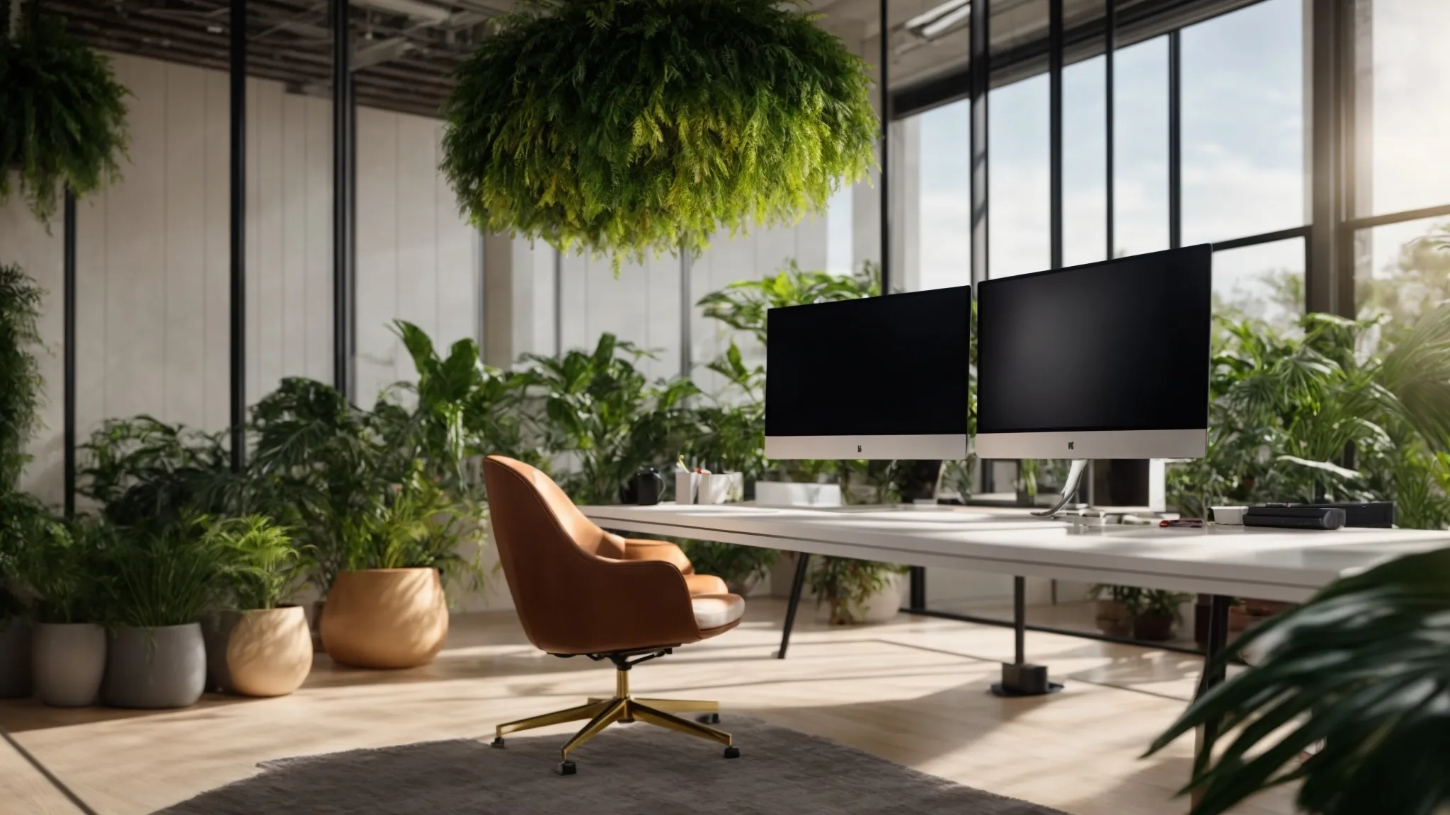 a modern, sunlit virtual office space showcases a sleek desk adorned with minimalistic decor, multiple monitors displaying vibrant collaborative designs, and lush greenery in the background, embodying the essence of productive remote work.