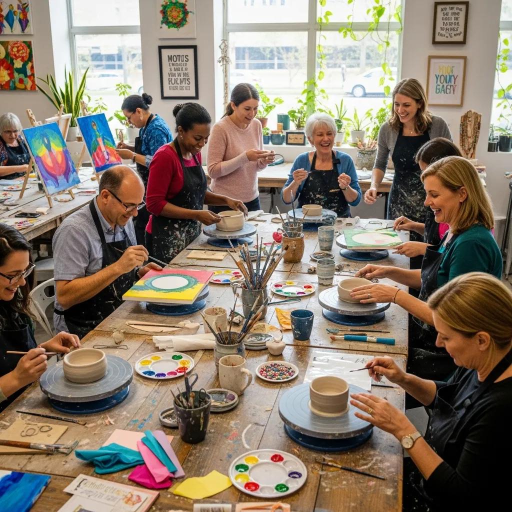 Adults engaging in creative workshops in Columbus, showcasing painting, pottery, and crafting activities