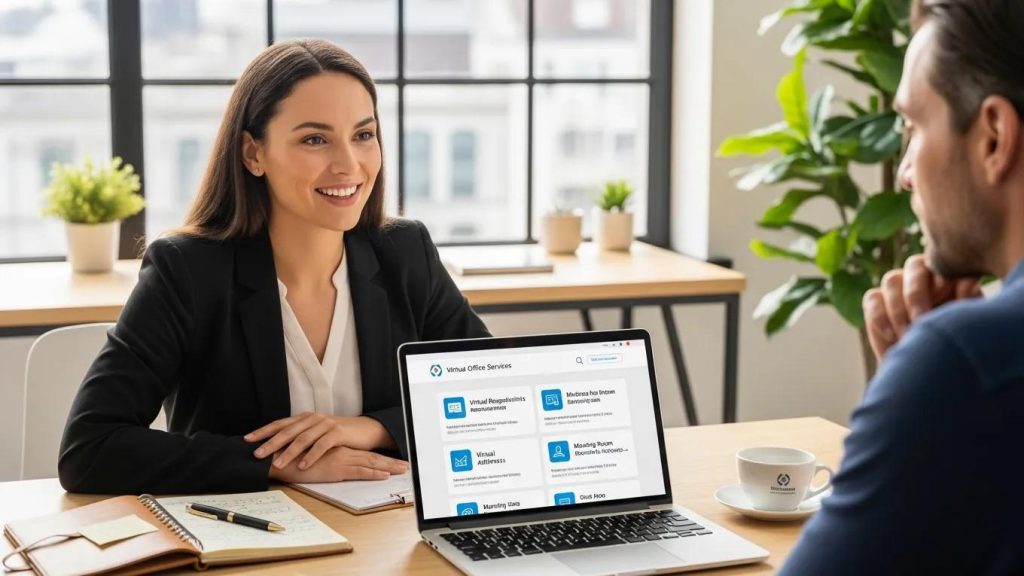 Business professional explaining virtual office options in a modern office