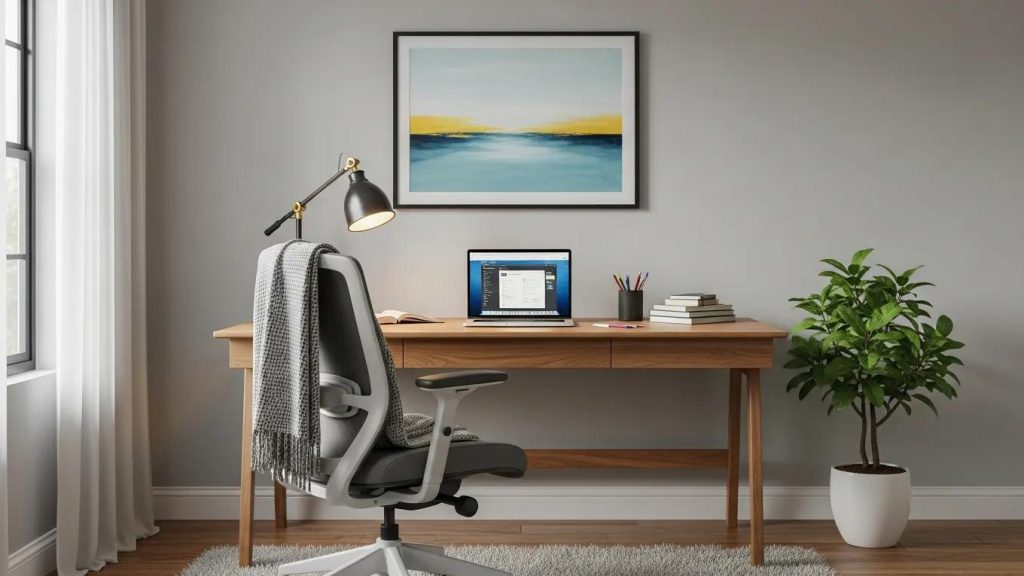 Cozy home office setup with ergonomic furniture and personal touches