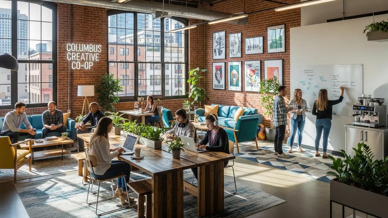 Modern coworking space in downtown Columbus with professionals collaborating and utilizing amenities