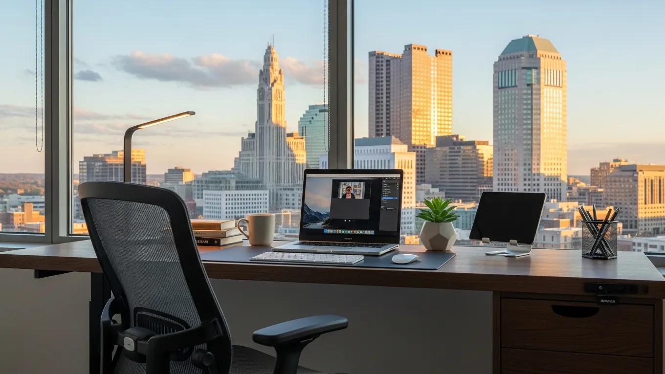 Modern virtual office setup in Columbus with a laptop and city skyline