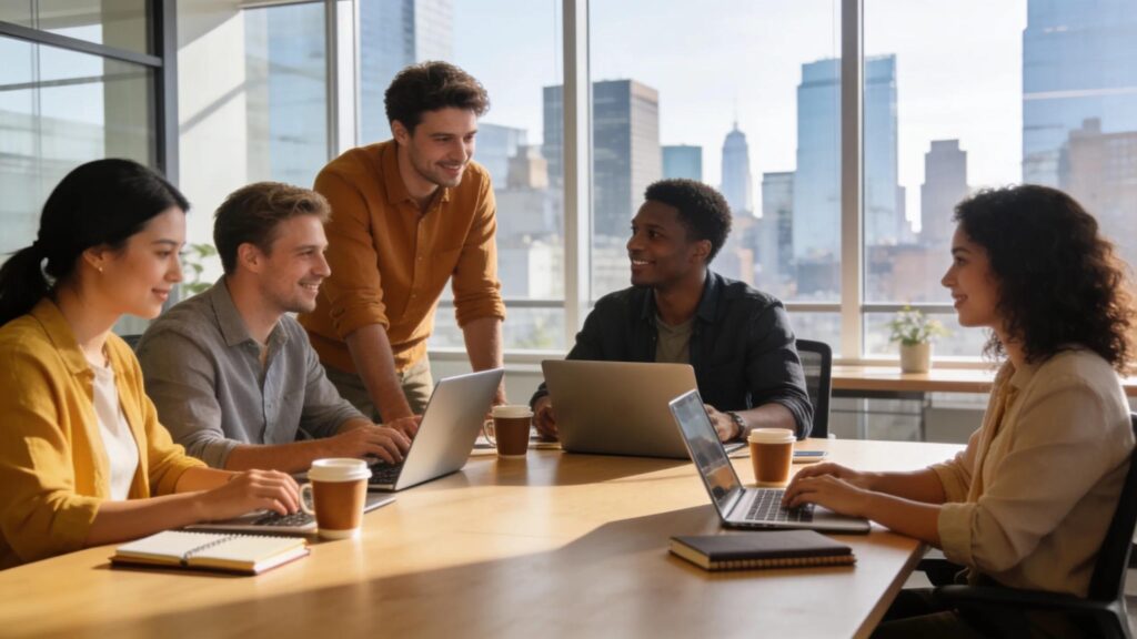 Contemporary virtual office space with professionals collaborating, emphasizing flexibility and modern workspace solutions.