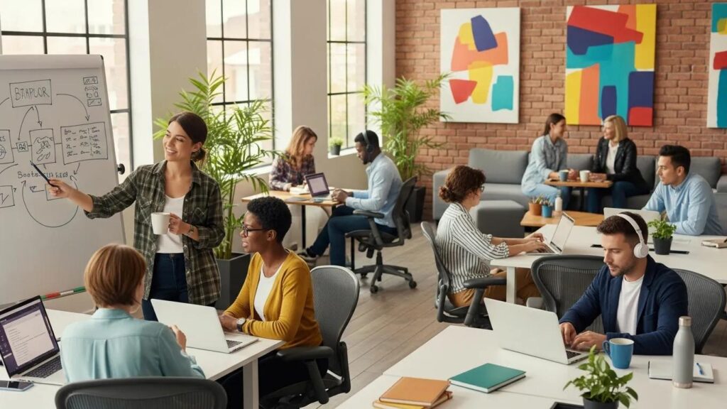 Diverse remote workers collaborating in a vibrant coworking space