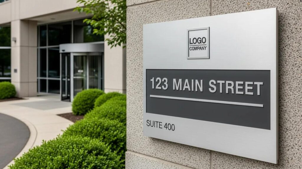Professional business address sign outside a modern office building