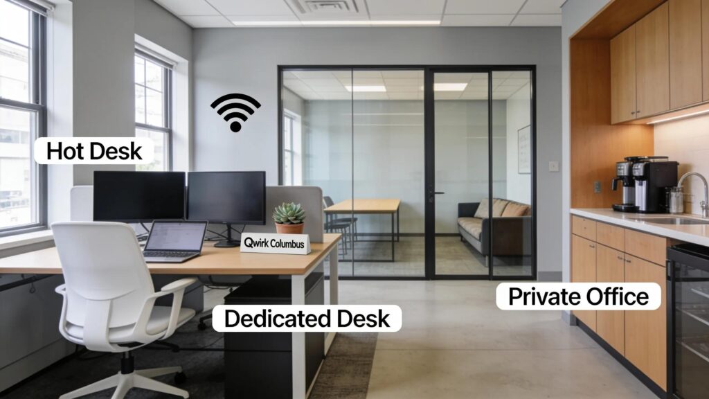 Variety of flexible workspace options at Qwirk Columbus highlighting coworking benefits
