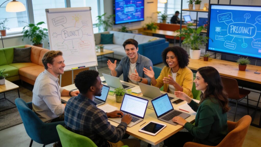 Entrepreneurs collaborating in a modern flexible workspace emphasizing growth and innovation