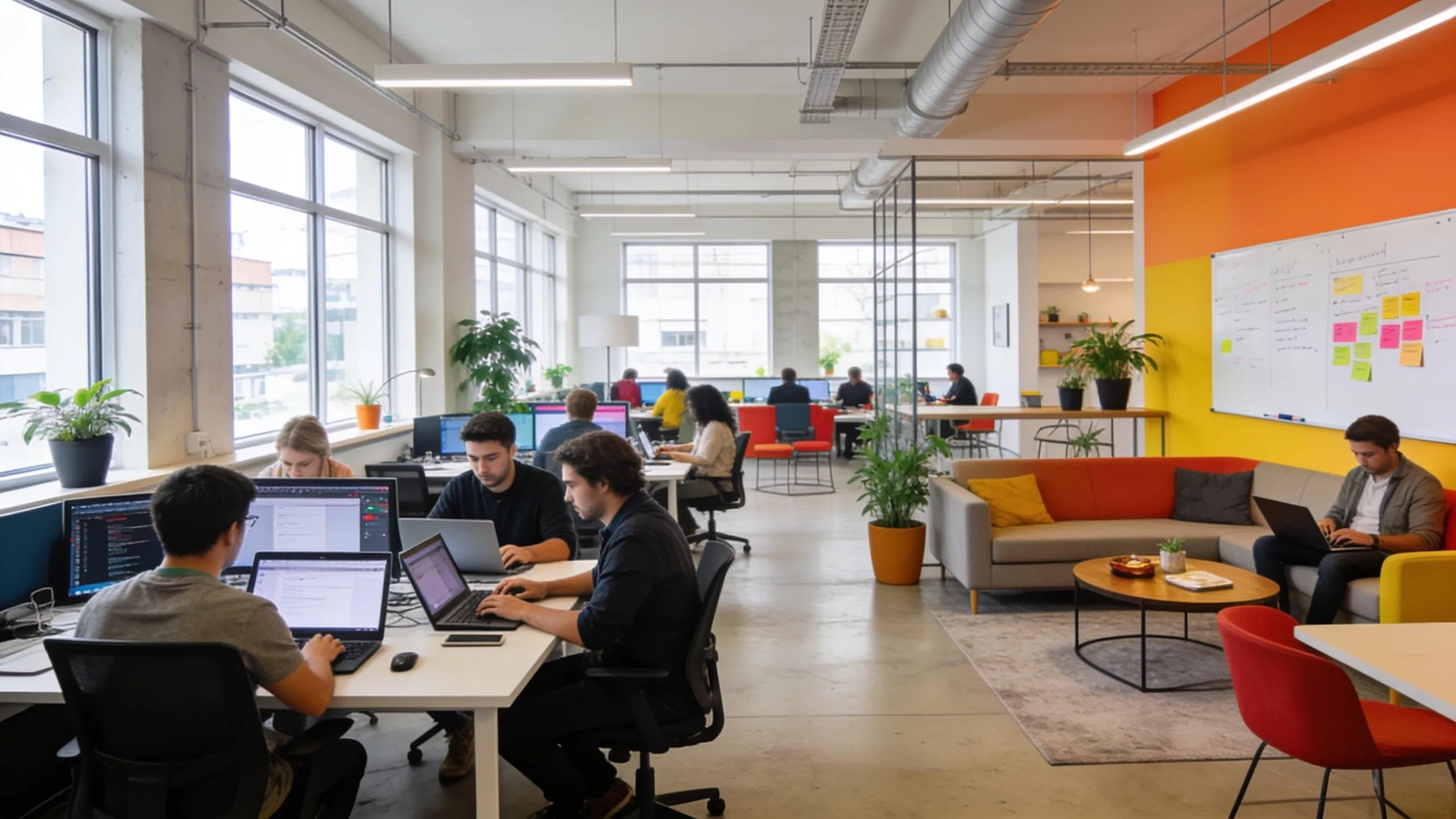 Vibrant coworking space with freelancers collaborating and working efficiently