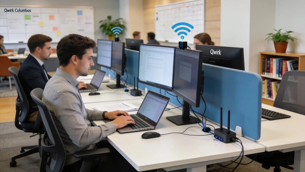 Dedicated desks at Qwirk Columbus enhancing freelancer productivity in a vibrant workspace